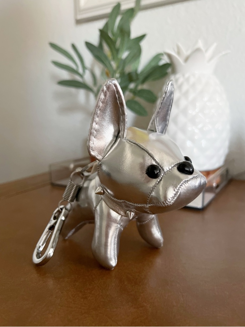 French Bulldog Leather Bag Charm Keychain Silver